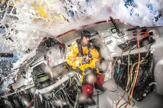 Onboard Abu Dhabi Ocean Racing - Phil Harmer finds space to brush his teeth away from the saltwater - Leg five to Itajai -  Volvo Ocean Race 2015 © Matt Knighton/Abu Dhabi Ocean Racing